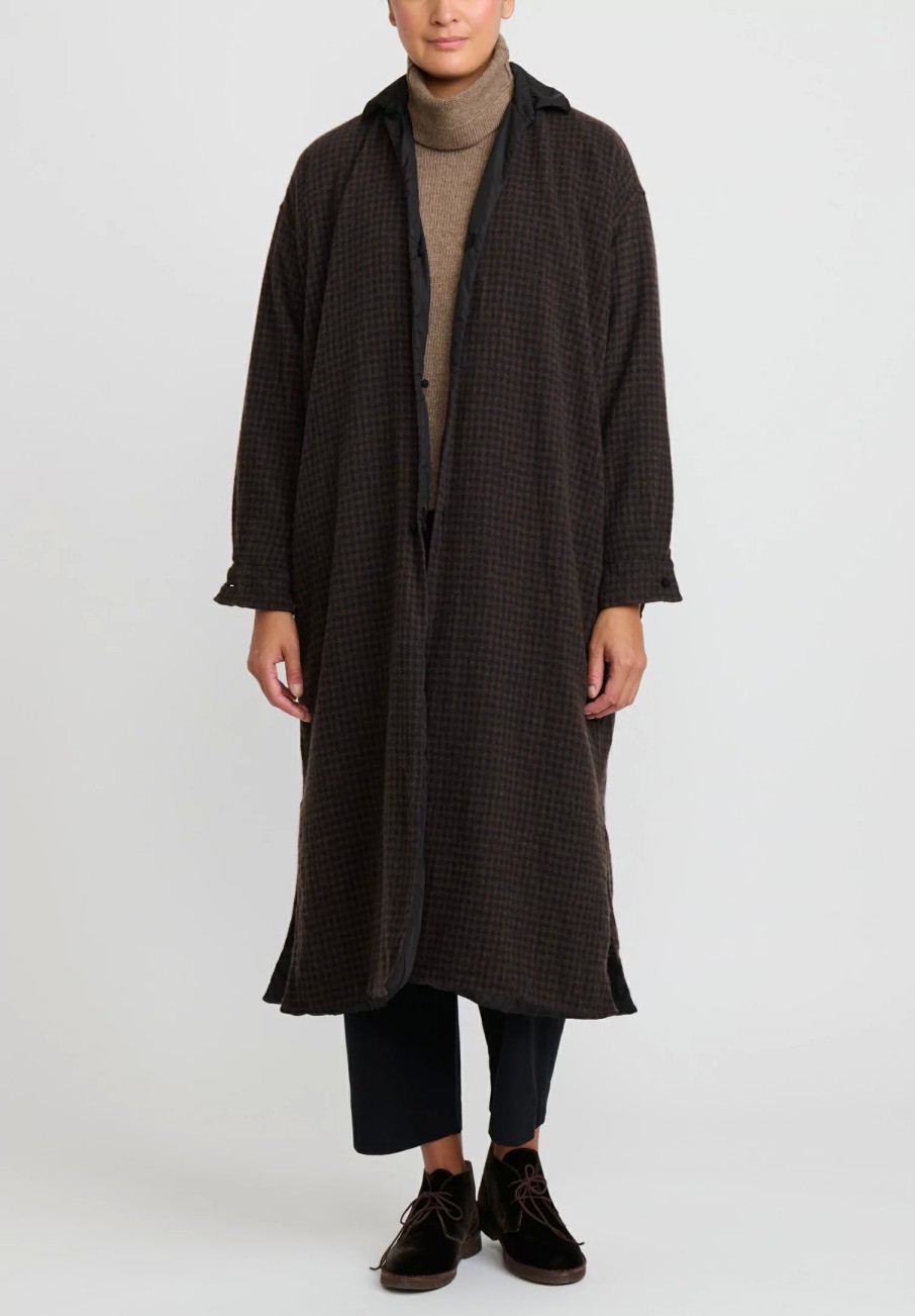 Daniela Gregis Coats & Dusters | Washed Cashmere Double Note Coat In Dark Blue & Turtle Brown Check