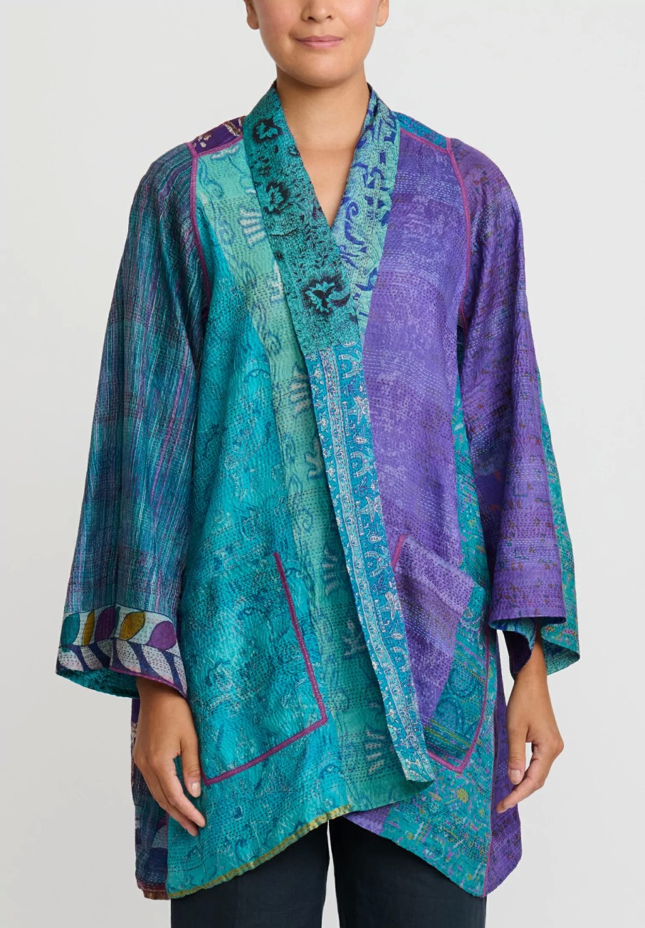 Mieko Mintz Jackets | 2-Layer Vintage Silk A-Line Jacket In Purple, Turquoise Blue & Gold