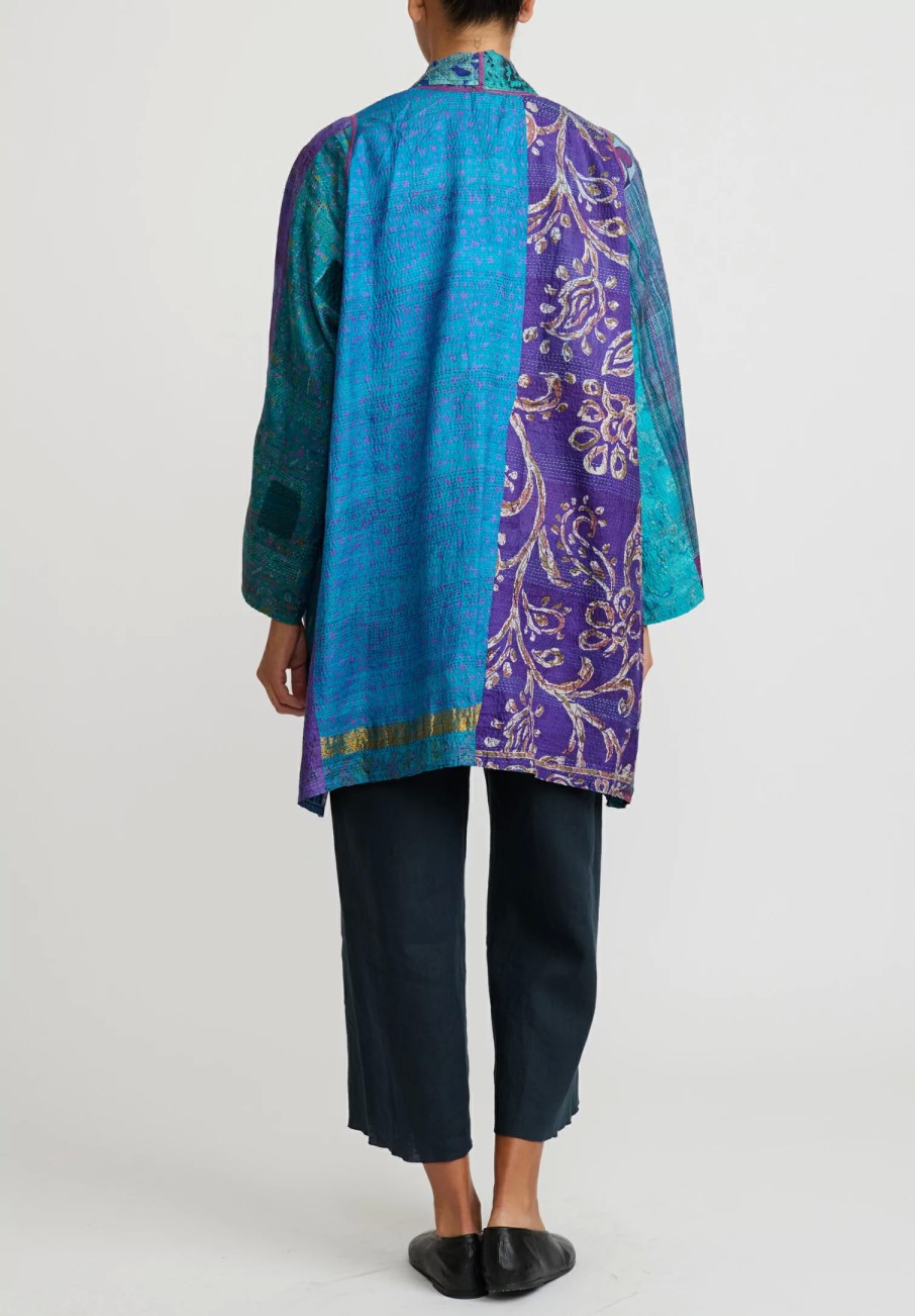 Mieko Mintz Jackets | 2-Layer Vintage Silk A-Line Jacket In Purple, Turquoise Blue & Gold