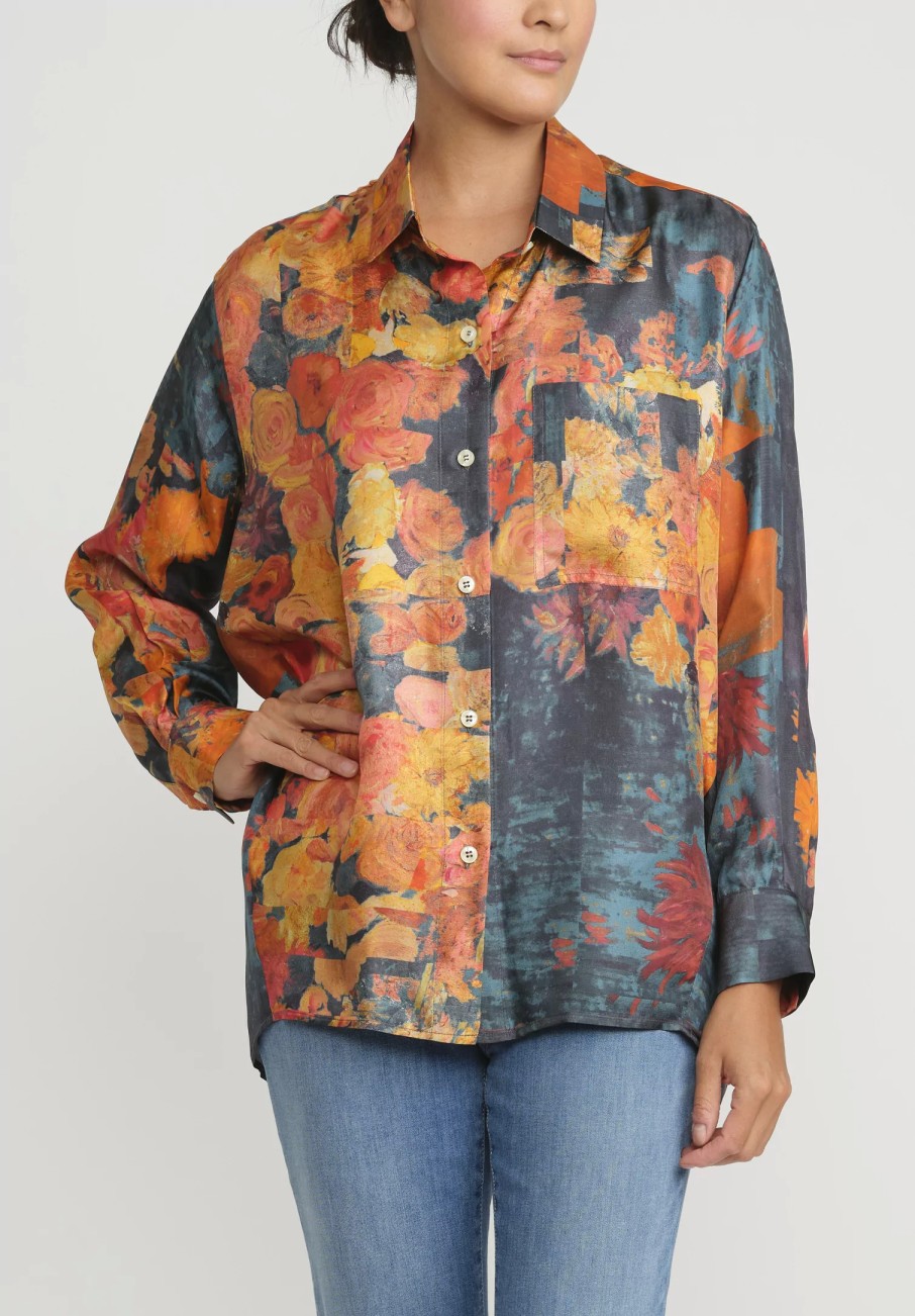 Bokja Shirts & Blouses | Silk Twill Blast Button Up Z Shirt In Orange & Blue