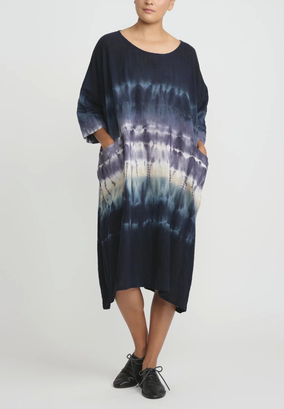 Gilda Midani Dresses | Pattern Dyed Cotton Bucket Dress In Blue Indigo Row