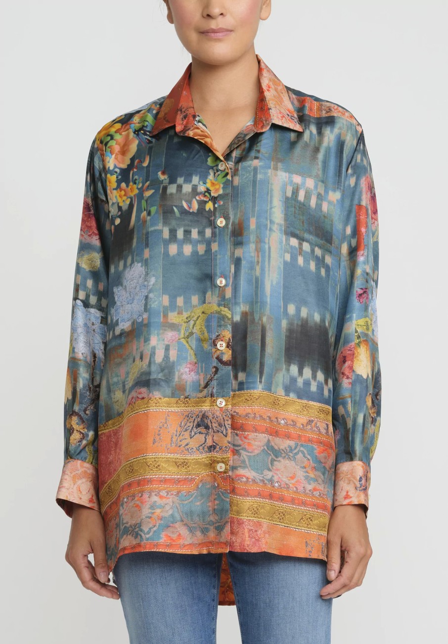 Bokja Shirts & Blouses | Silk Twill Regalia Button Up Z Shirt In Blue & Orange