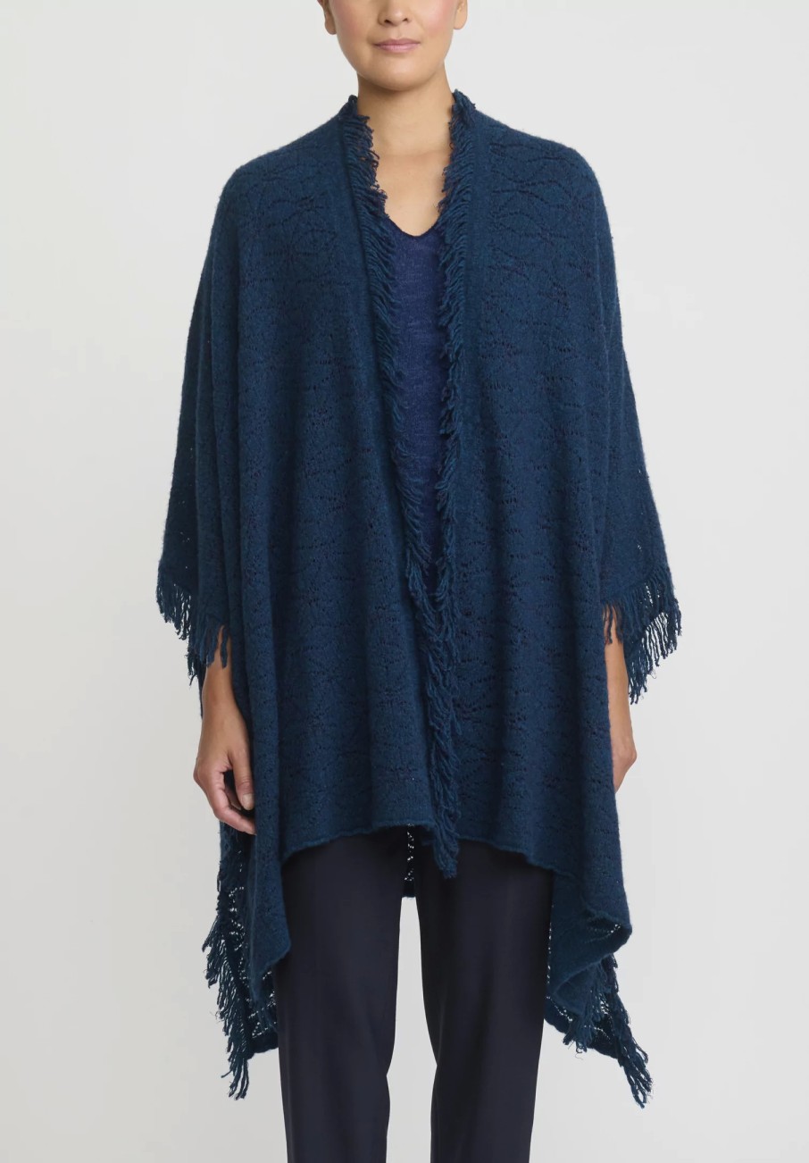 Lainey Keogh Ponchos | Cashmere Hand Knit Fringed Poncho In Fairisle Blue