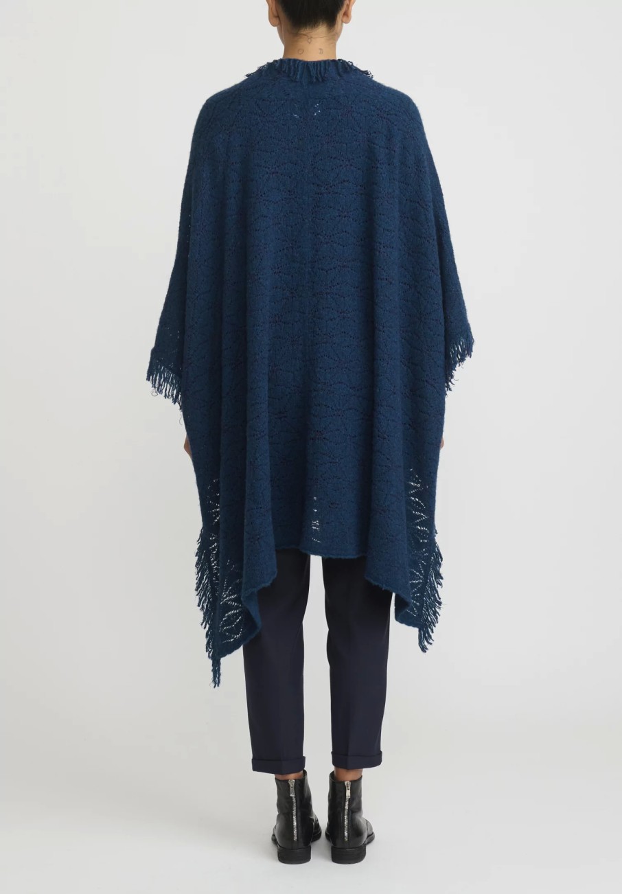 Lainey Keogh Ponchos | Cashmere Hand Knit Fringed Poncho In Fairisle Blue