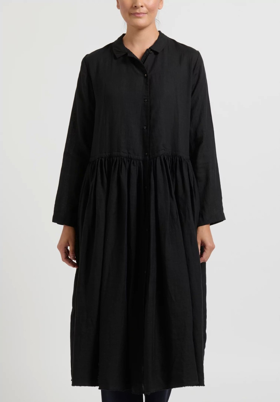 Kaval Dresses | Linen Gathered Waist Dress In Black