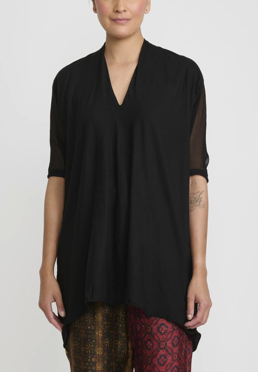 Masnada Tops | Silk Gathered Sleeve T-Shirt In Black