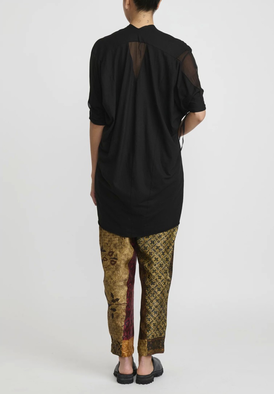 Masnada Tops | Silk Gathered Sleeve T-Shirt In Black