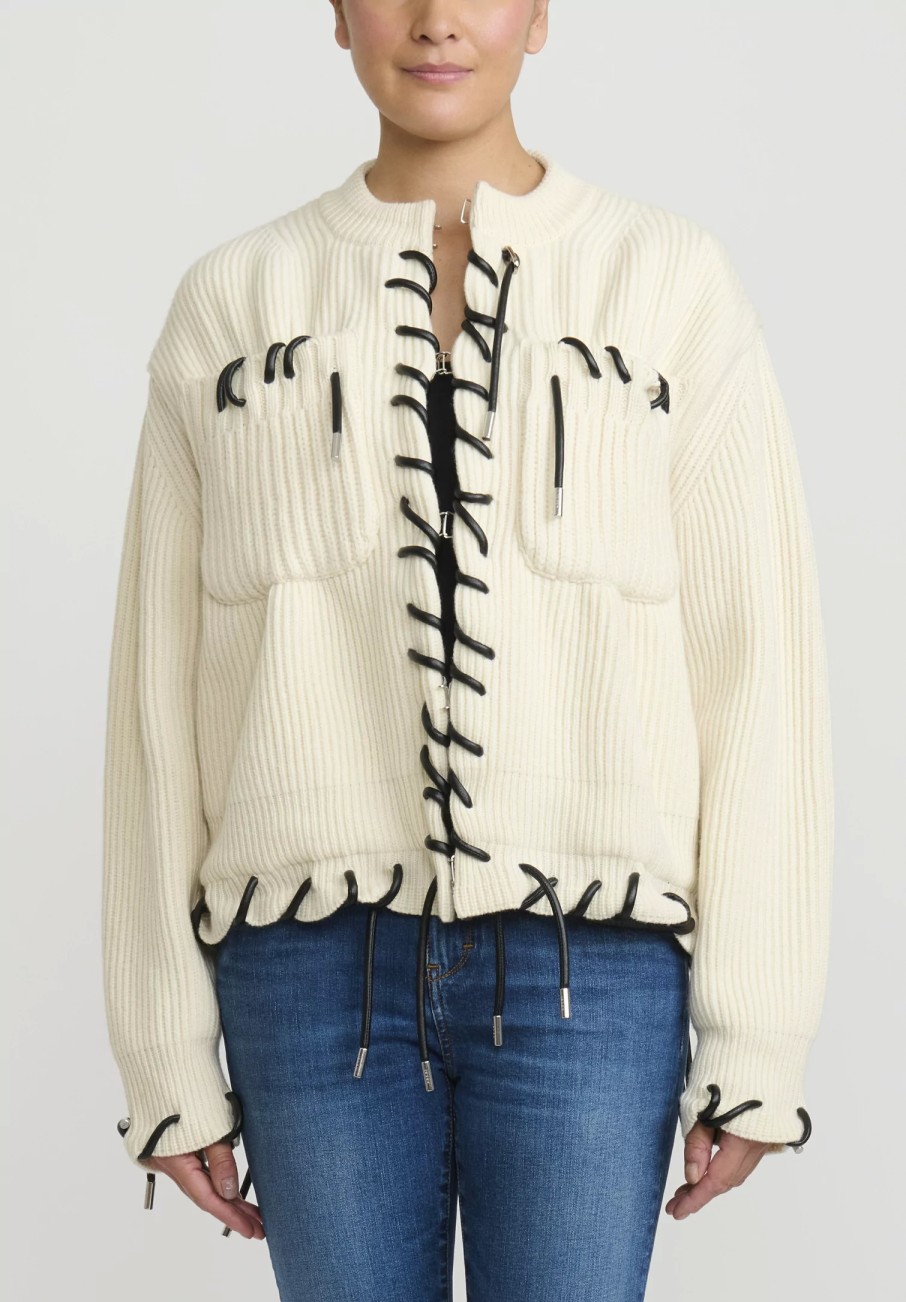 Sacai Knitwear | Knitted Blouson With Faux Leather Cord Threading In Off White