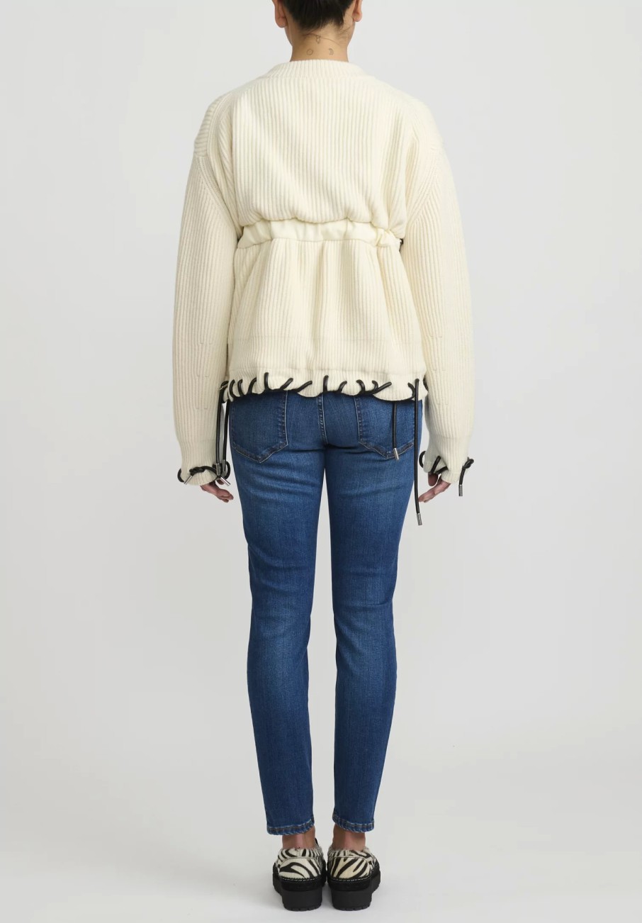 Sacai Knitwear | Knitted Blouson With Faux Leather Cord Threading In Off White