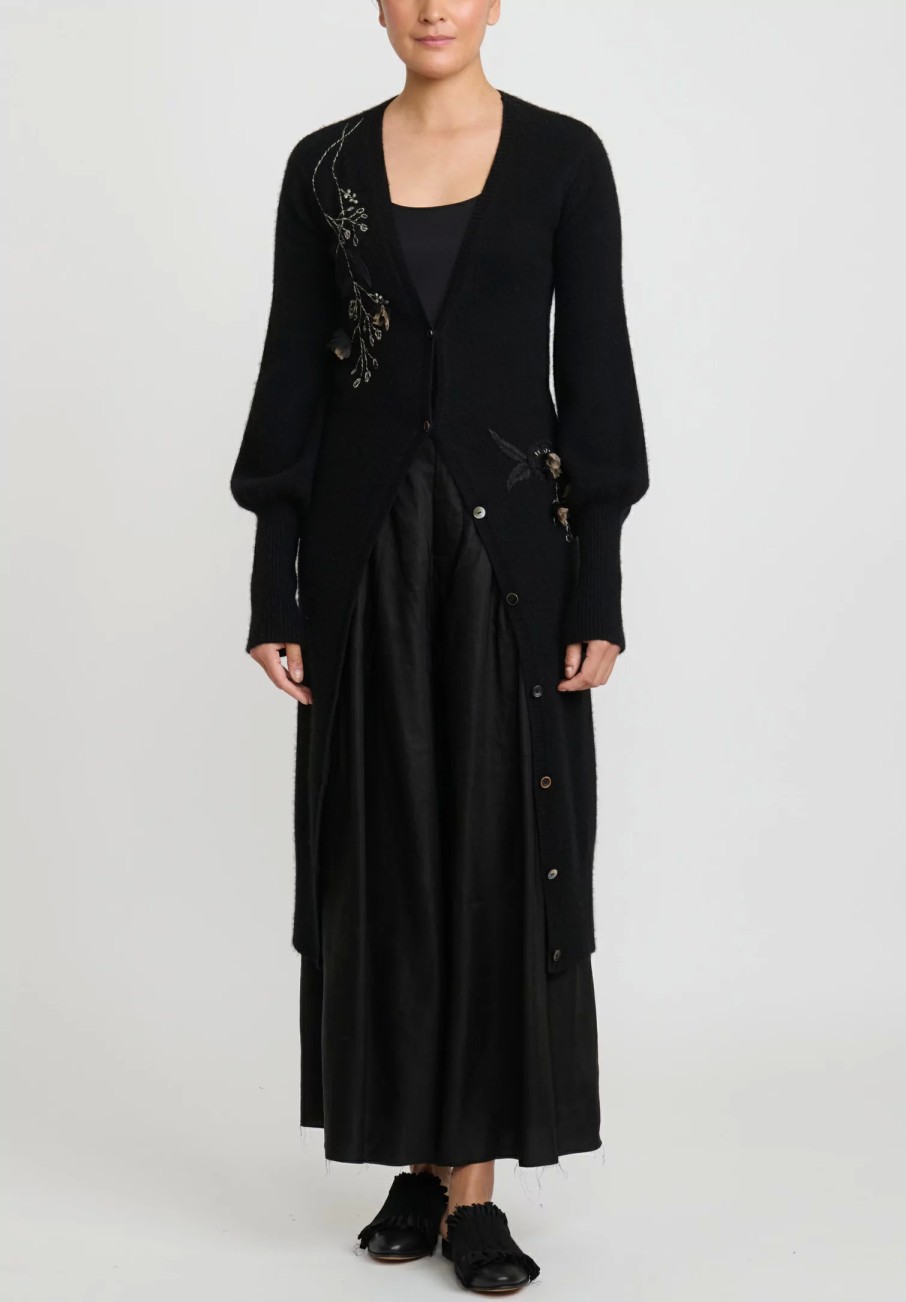 A Tentative Atelier Knitwear | Cashmere Embroidered ''Berthe D.'' Bishop Sleeve Duster In Black