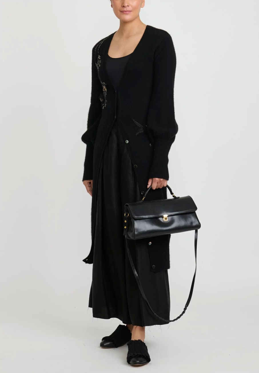 A Tentative Atelier Knitwear | Cashmere Embroidered ''Berthe D.'' Bishop Sleeve Duster In Black