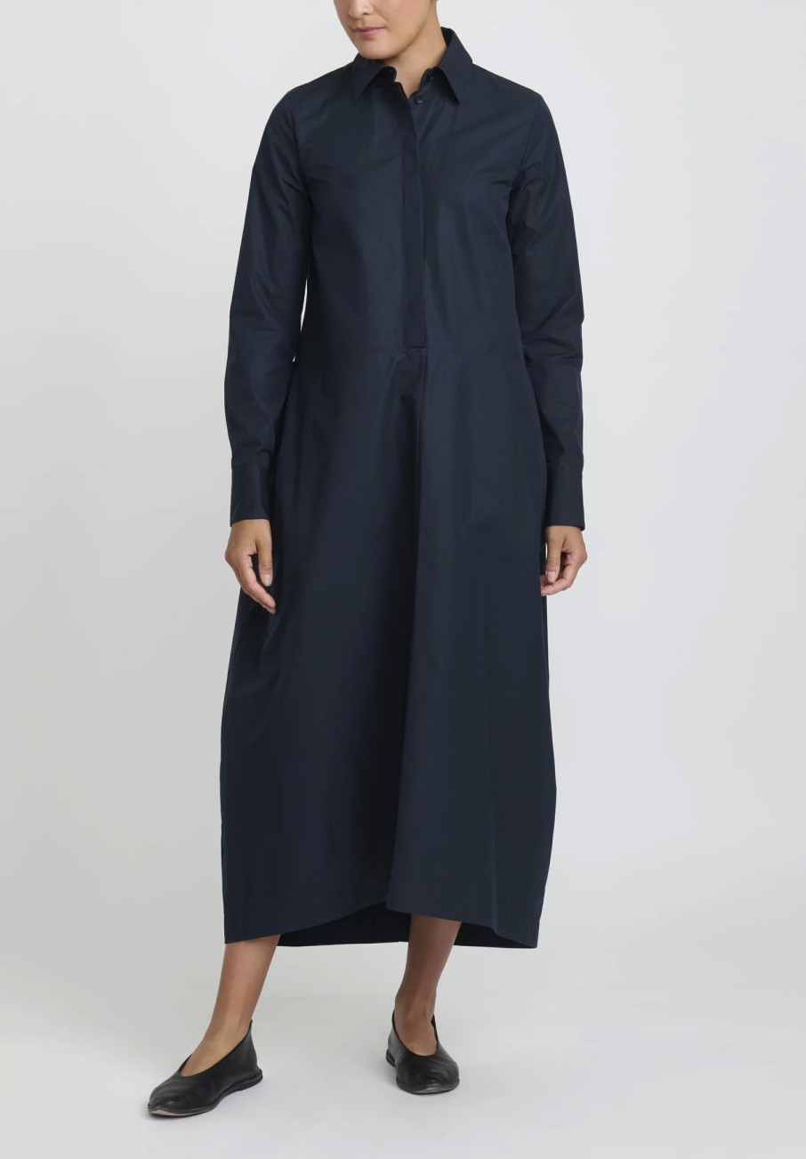 Jil Sander Dresses | Heavy Organic Cotton Poplin A-Line Midi Dress In Navy Blue