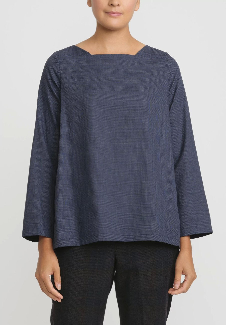 Bergfabel Tops | Cotton Square Neck Mara Top In Blue Check