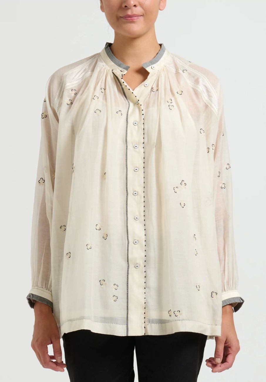 Péro Tops | Silk And Cotton Embroidered Band Collar Shirt In White