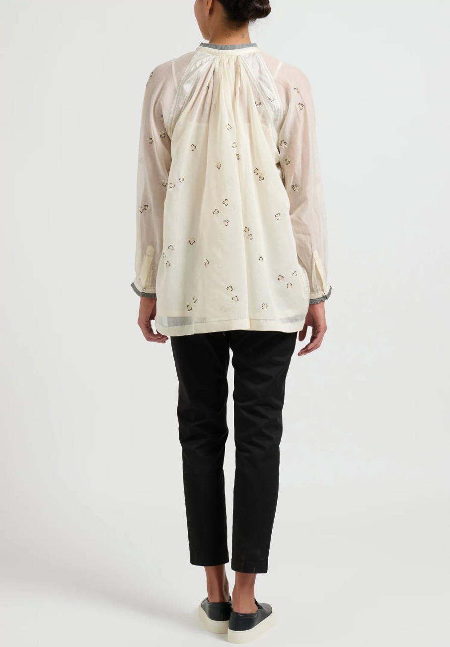 Péro Tops | Silk And Cotton Embroidered Band Collar Shirt In White