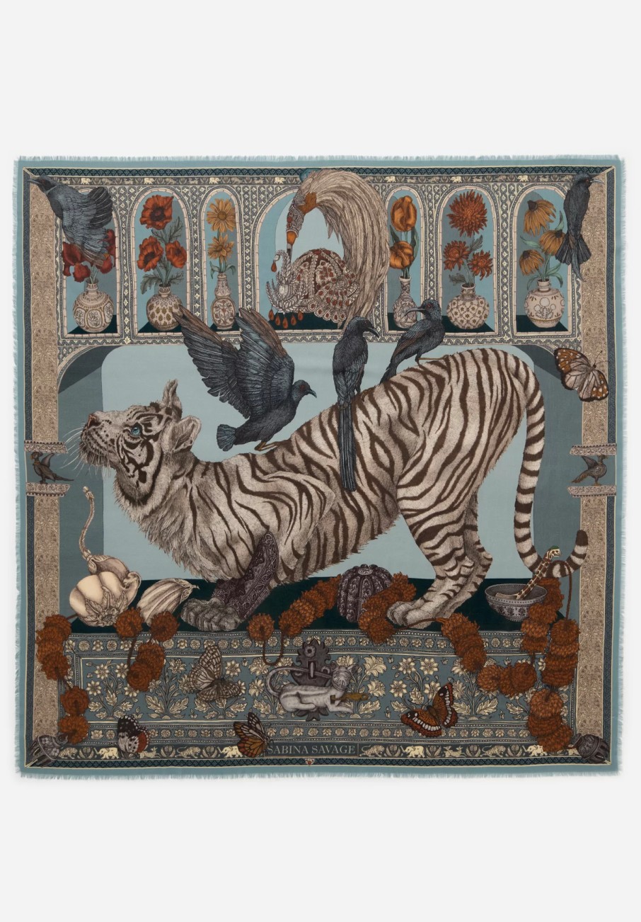 Sabina Savage Scarves & Shawls | Wool And Silk The Tiger Trap Scarf In Sea Mist Blue & Bone White