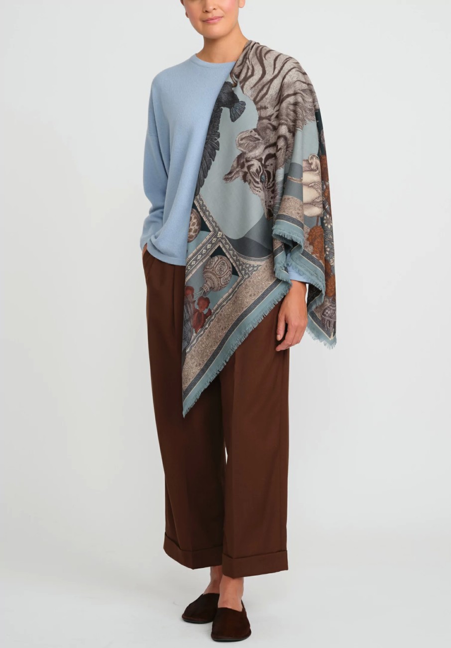 Sabina Savage Scarves & Shawls | Wool And Silk The Tiger Trap Scarf In Sea Mist Blue & Bone White