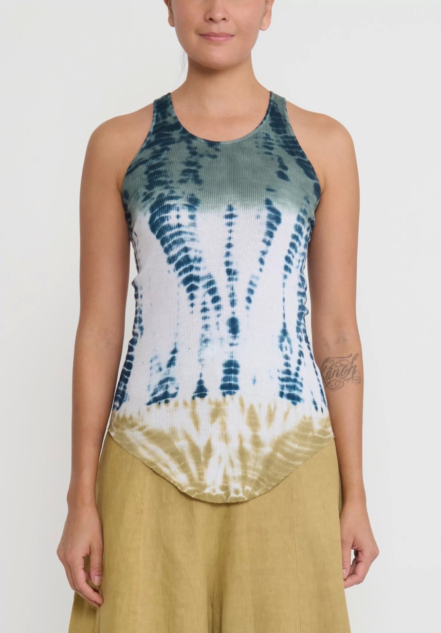 Gilda Midani Tops | Cotton ''Forest'' Dyed Tank Top In White, Green & Kaki Yellow