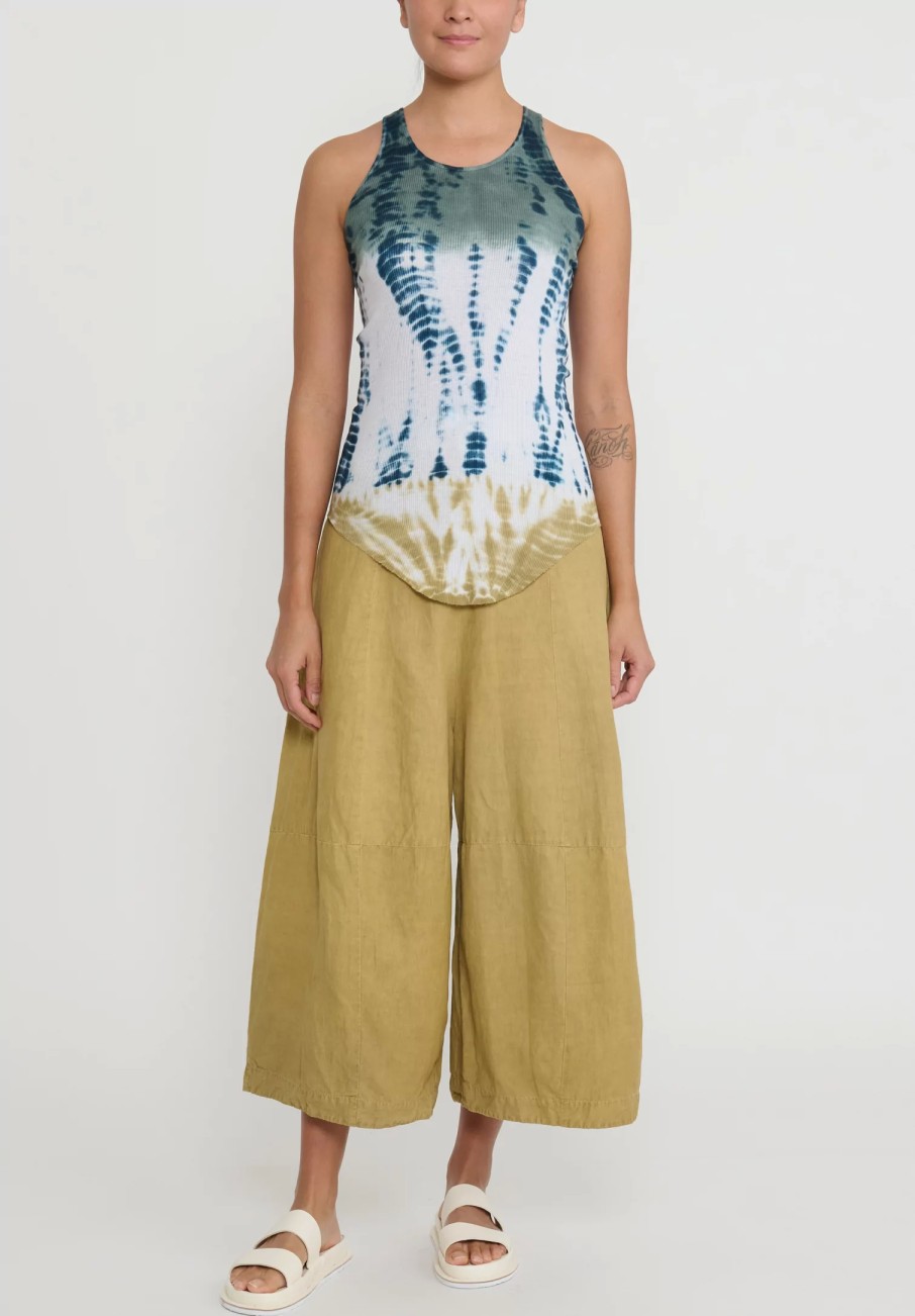 Gilda Midani Tops | Cotton ''Forest'' Dyed Tank Top In White, Green & Kaki Yellow