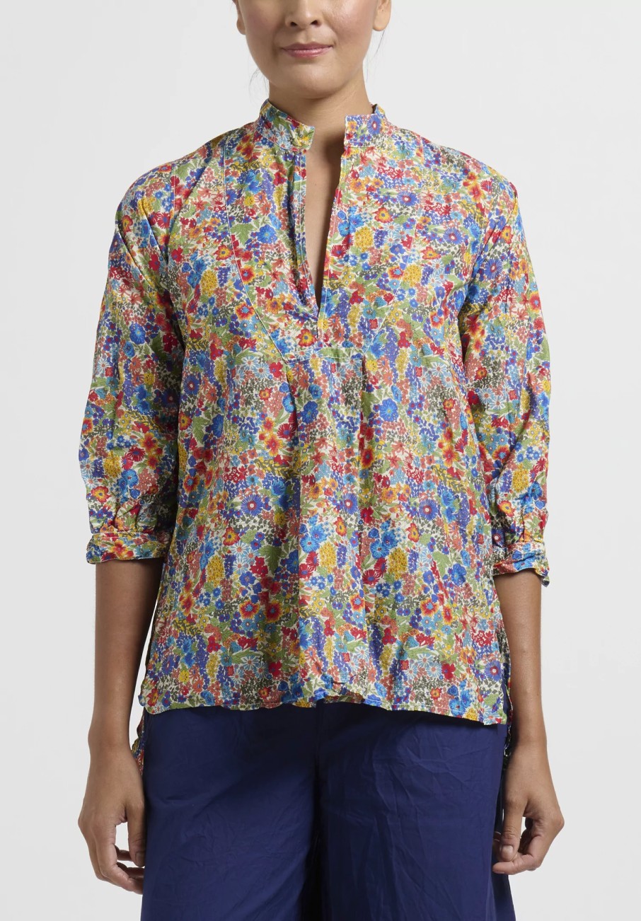 Daniela Gregis Tops | Washed Cotton Floral Kora Top In Blue, Red & Orange