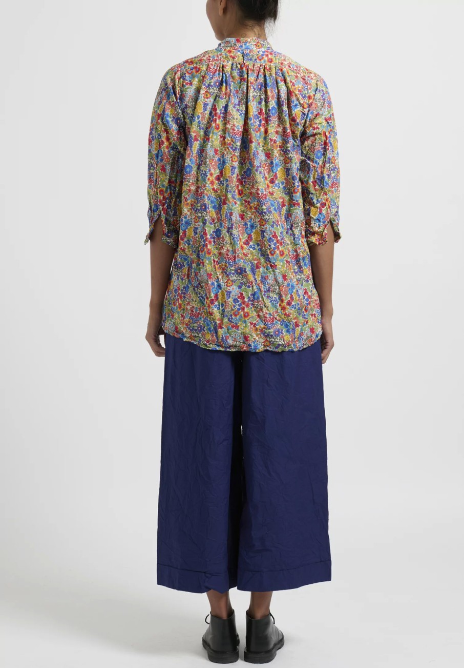 Daniela Gregis Tops | Washed Cotton Floral Kora Top In Blue, Red & Orange