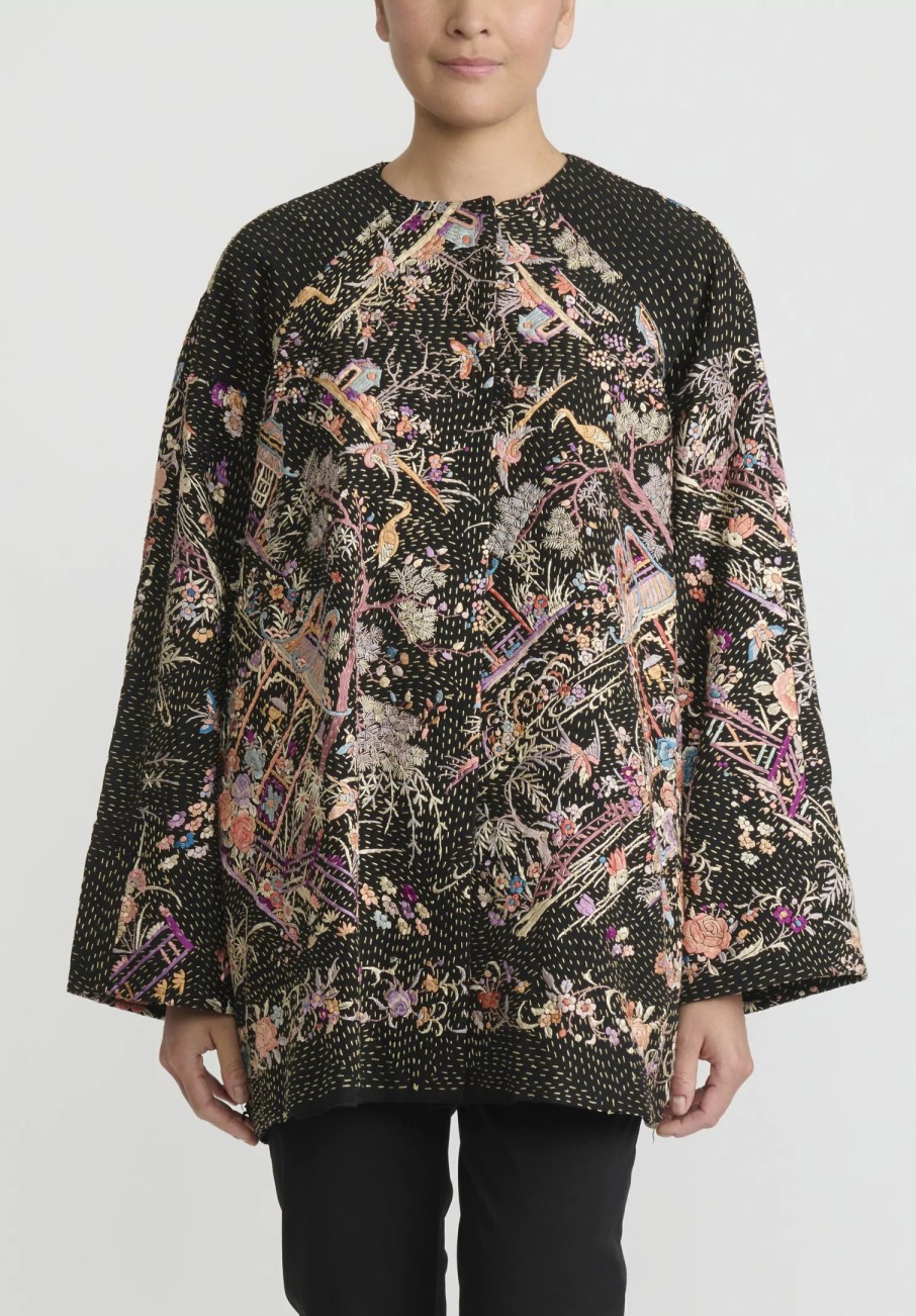 By Walid One Of A Kind | Antique Silk Piano Shawl Jackie Jacket In Black & Peach