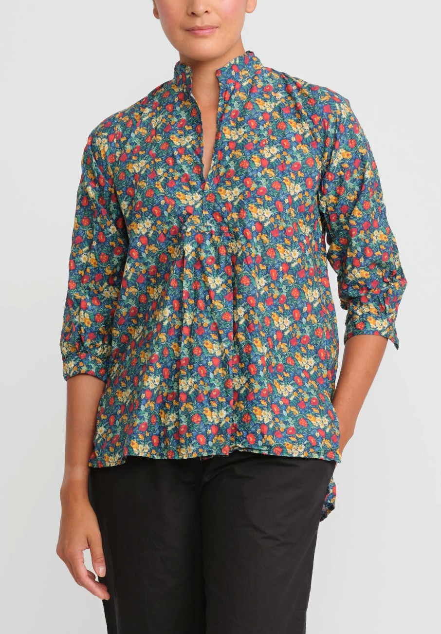 Daniela Gregis Tops | Washed Cotton Pepe Kora Shirt In Blue, Orange & Red Flowers