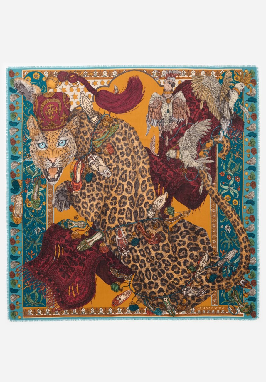 Sabina Savage Scarves & Shawls | Wool And Silk Leopard'S Bazaar Scarf In Teal Green & Turmeric Yellow