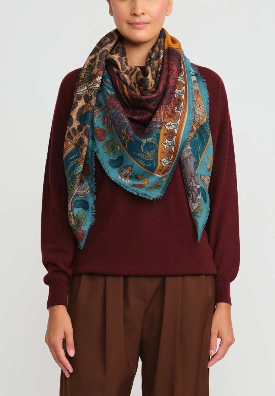 Sabina Savage Scarves & Shawls | Wool And Silk Leopard'S Bazaar Scarf In Teal Green & Turmeric Yellow