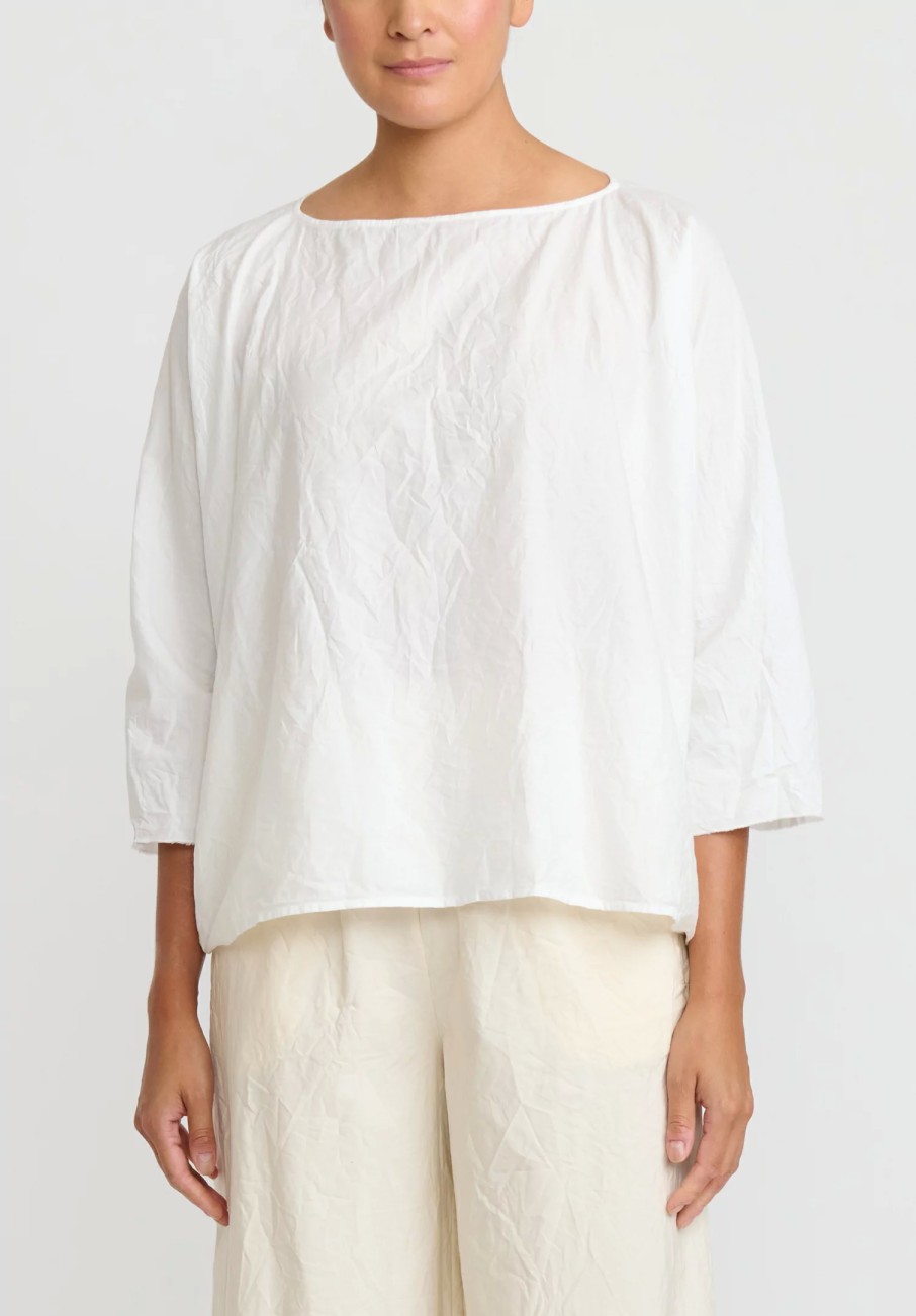 Daniela Gregis Tops | Washed Cotton Camicia Collo Tondo Manica Lavata Top In Bianco White