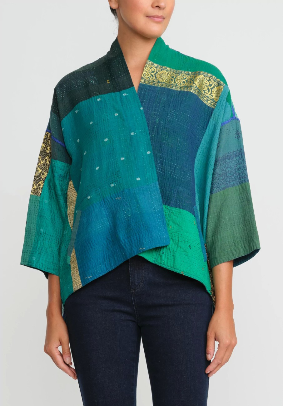 Mieko Mintz Jackets | 2-Layer Cotton & Silk Mini Kimono Jacket In Turquoise, Green & Gold