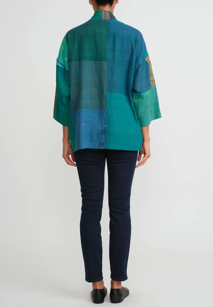 Mieko Mintz Jackets | 2-Layer Cotton & Silk Mini Kimono Jacket In Turquoise, Green & Gold