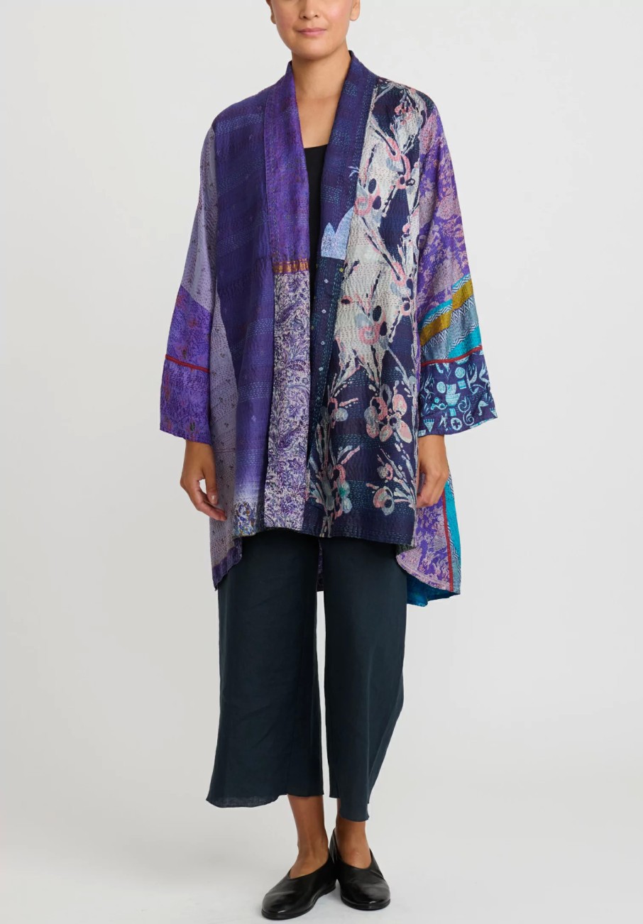 Mieko Mintz Jackets | 2-Layer Vintage Silk Kantha Long Kimono Jacket In Purple & Off White