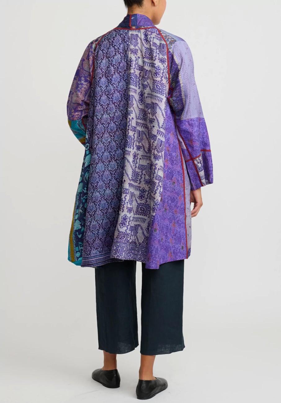 Mieko Mintz Jackets | 2-Layer Vintage Silk Kantha Long Kimono Jacket In Purple & Off White