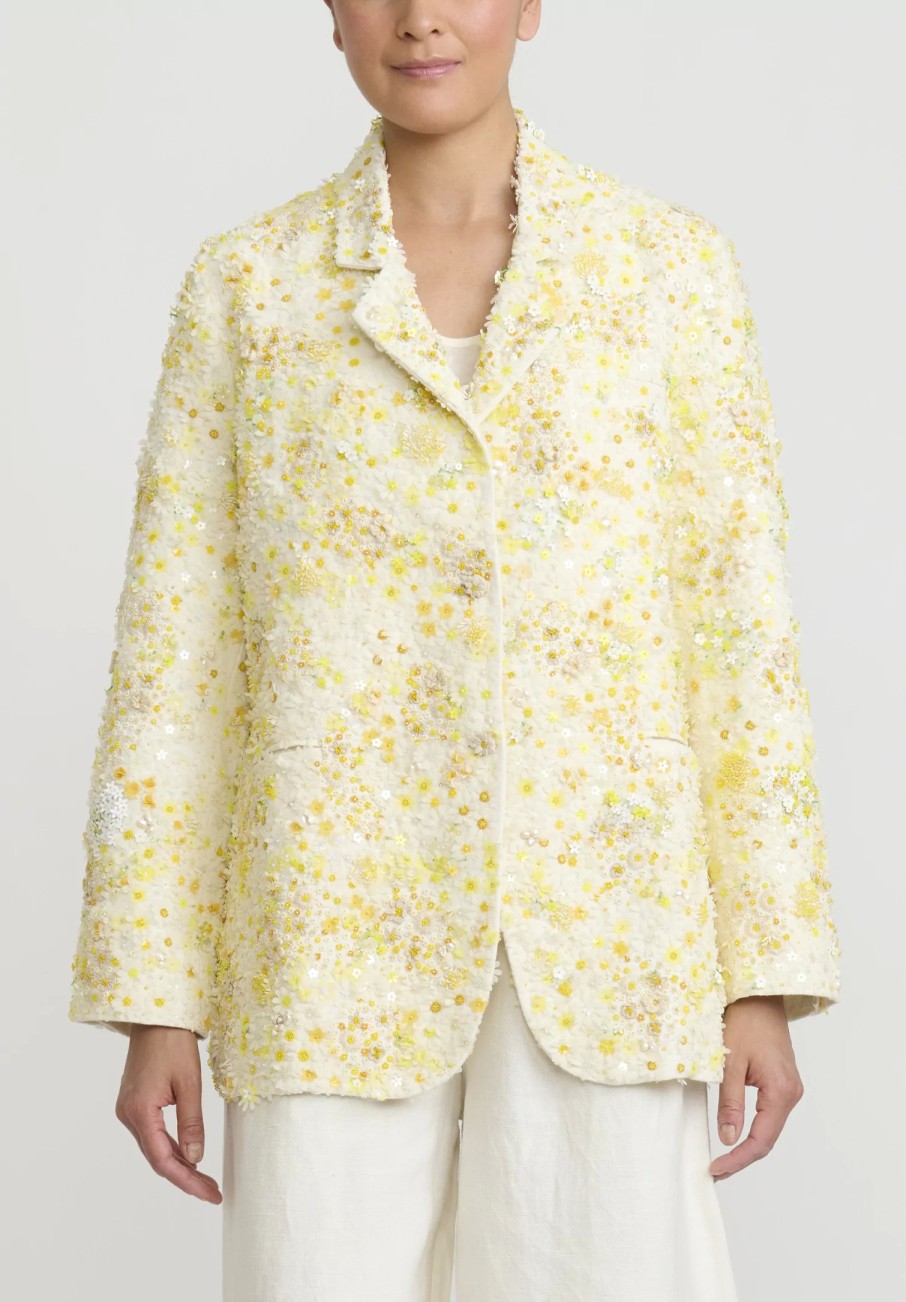 Péro Jackets | Linen Hand Beaded And Embroidered Flower Jacket In Ivory White And Yellow