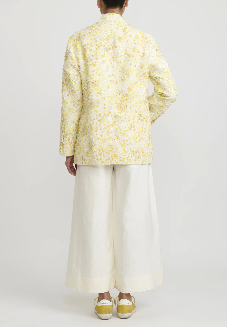 Péro Jackets | Linen Hand Beaded And Embroidered Flower Jacket In Ivory White And Yellow