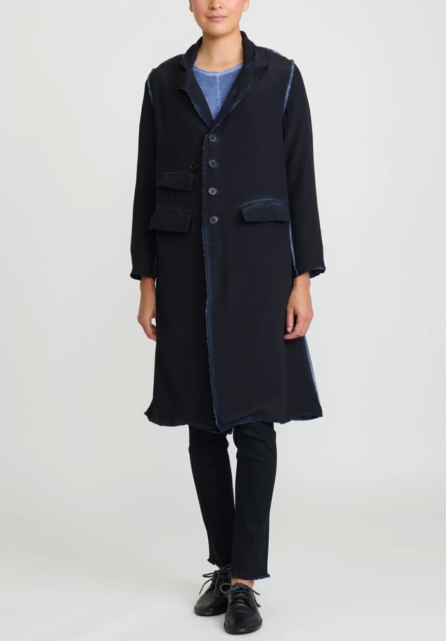 Umit Unal Coats & Dusters | Silk Long Jacket With Feather In Navy Blue