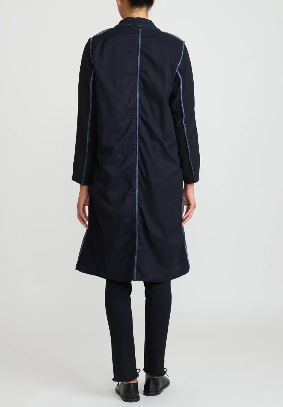 Umit Unal Coats & Dusters | Silk Long Jacket With Feather In Navy Blue