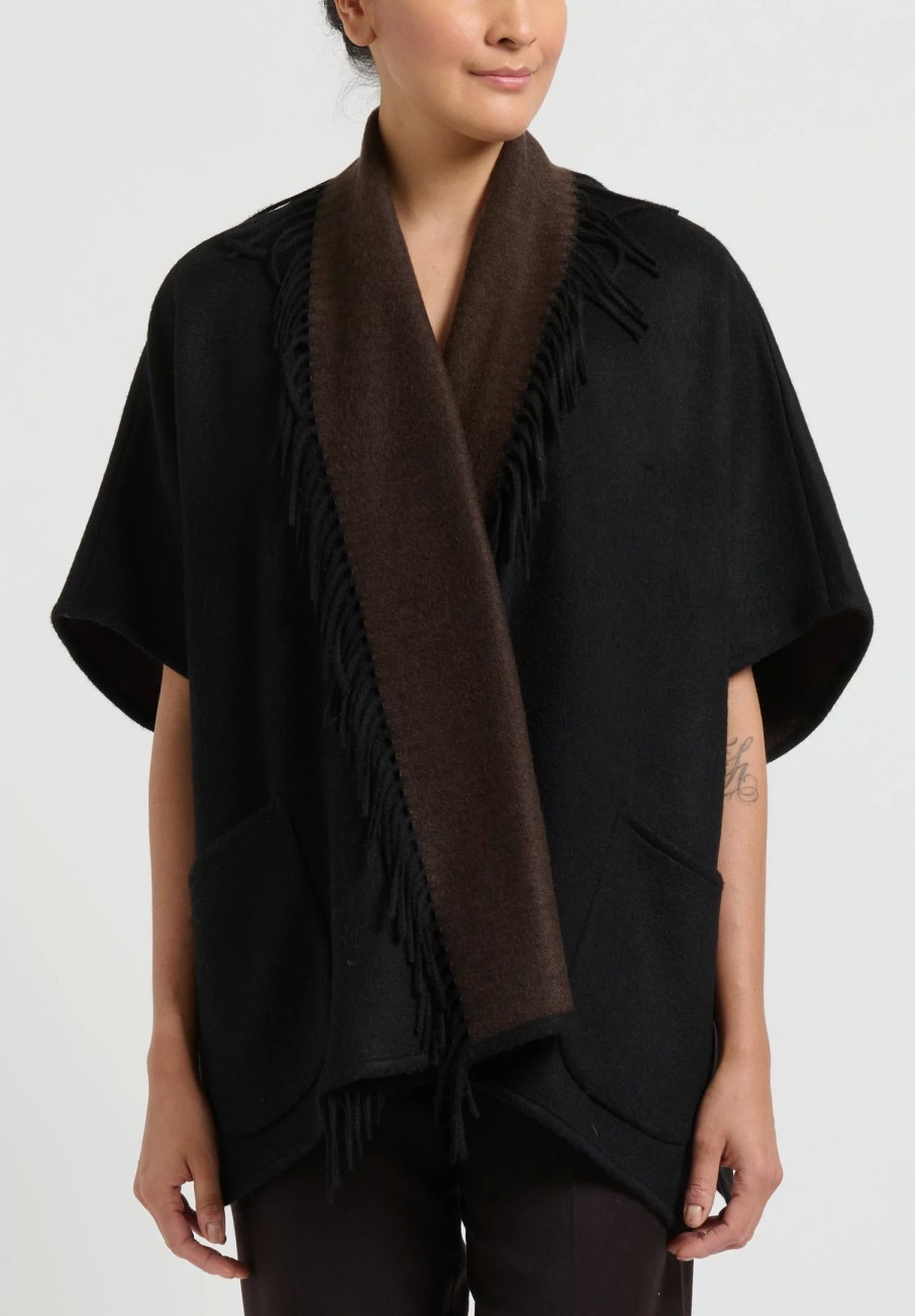 Alonpi Ponchos | Cashmere Ledor Giacchetta Double Tasche Jacket In Black & Brown