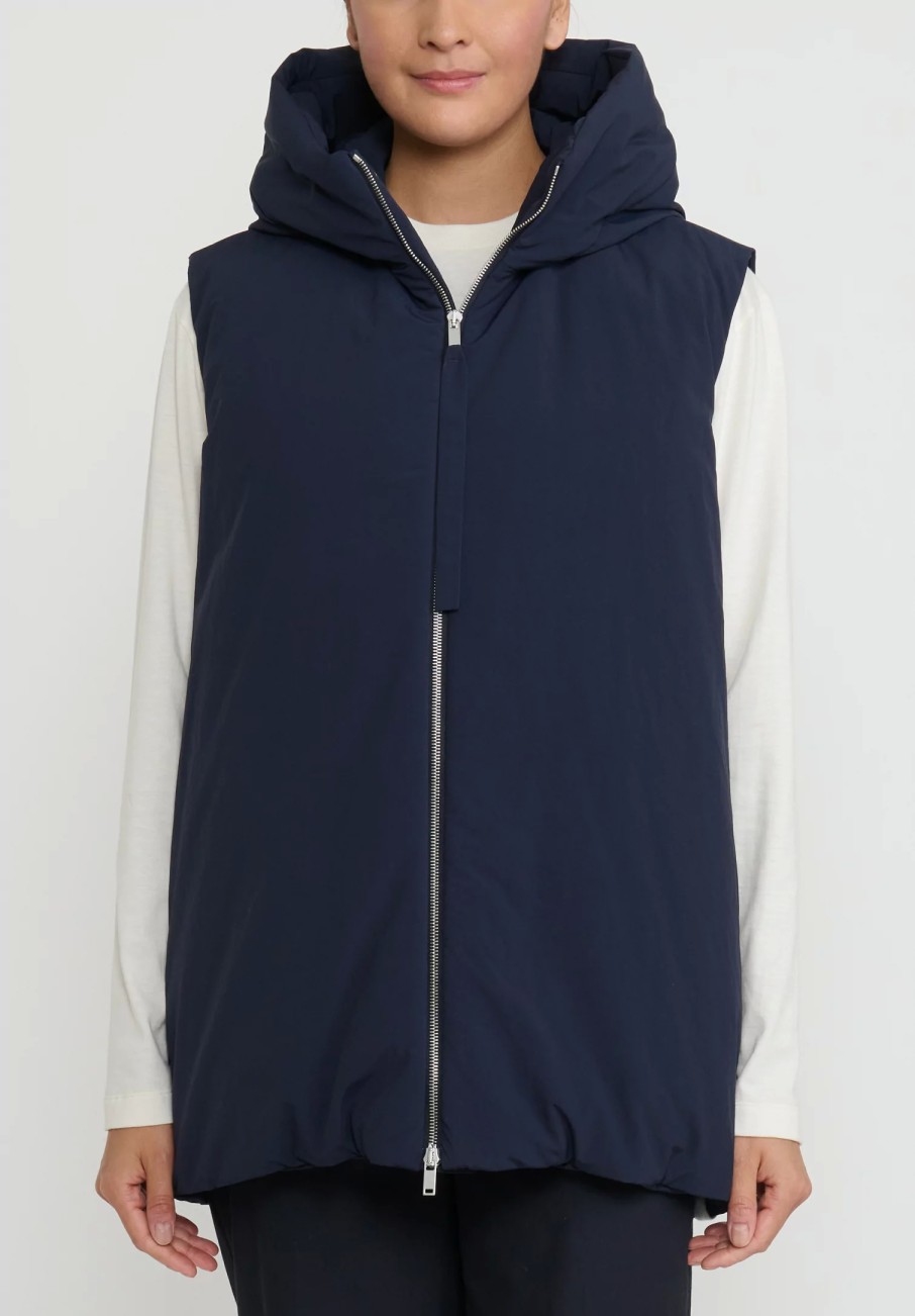 Jil Sander+ Outerwear | Jil Sander Long Hooded Down Gilet Vest In Navy Blue