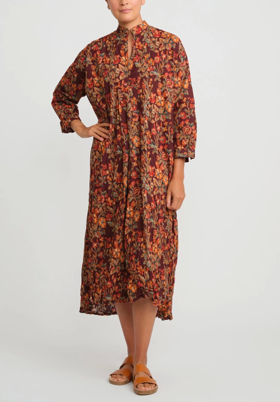 Daniela Gregis Dresses | Washed Cotton Long Kora Shirt Dress In Brown & Pink Flowers