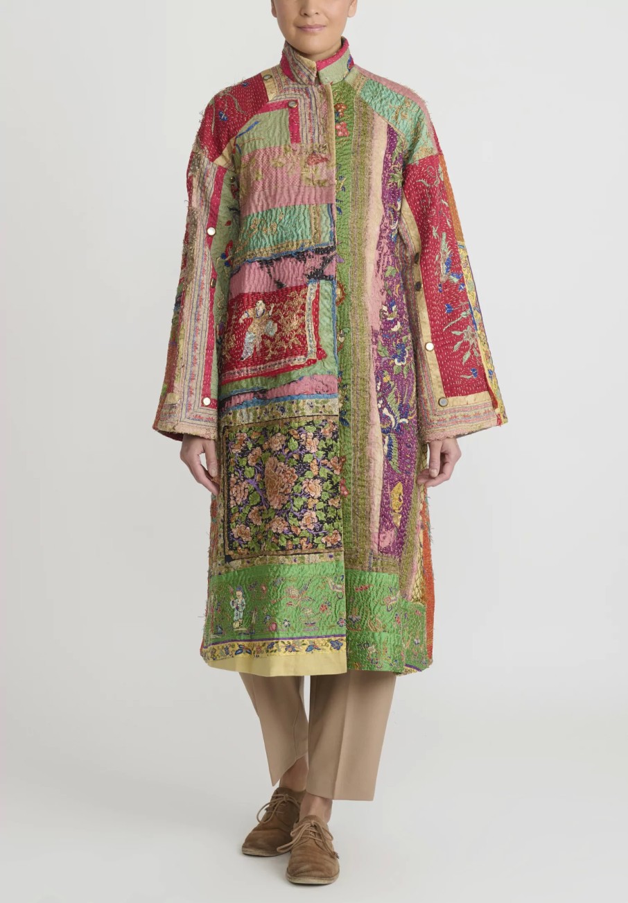 By Walid One Of A Kind | Antique Silk Chinese Panel Sylvia Coat In Red & Green Multicolor