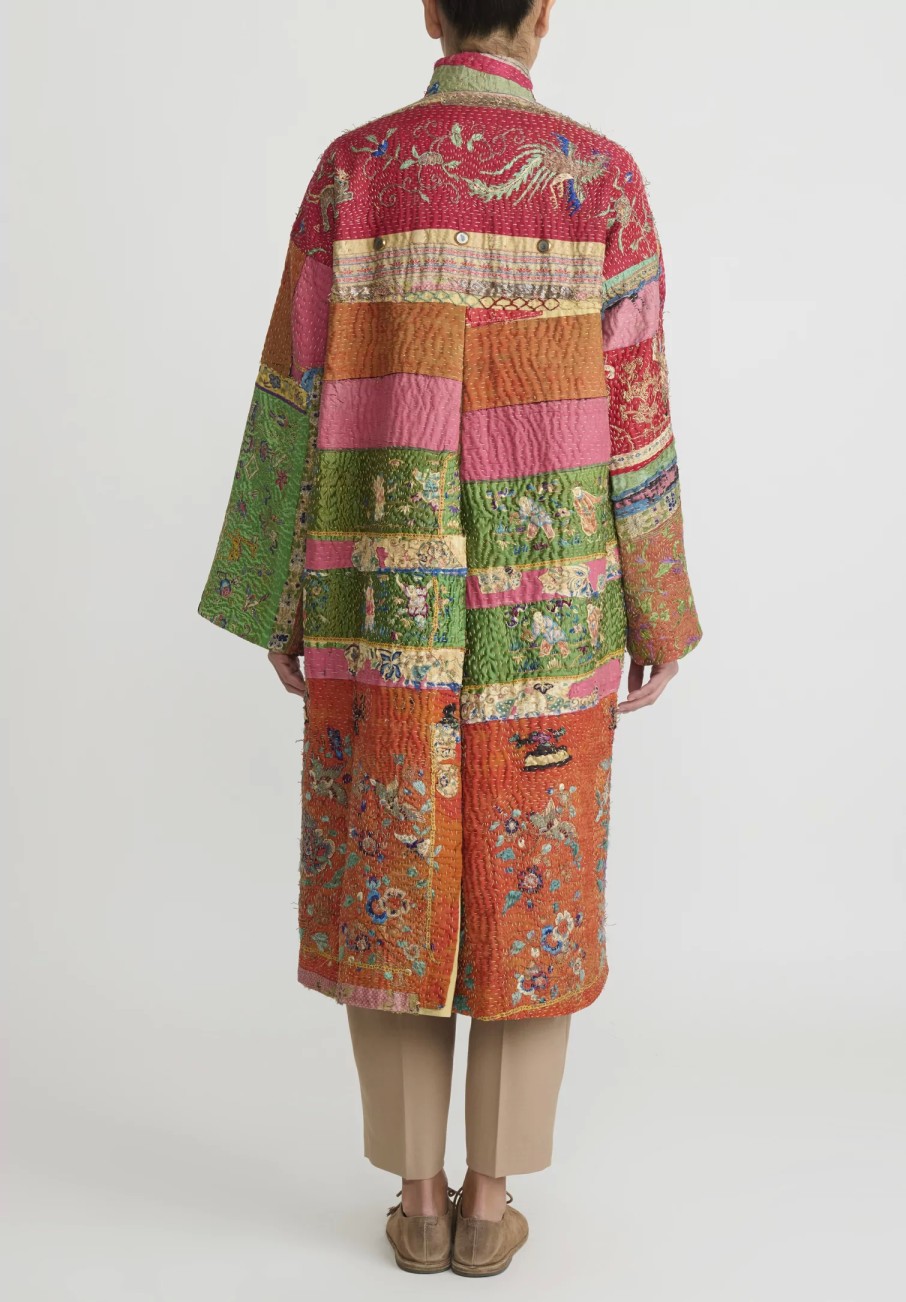 By Walid One Of A Kind | Antique Silk Chinese Panel Sylvia Coat In Red & Green Multicolor