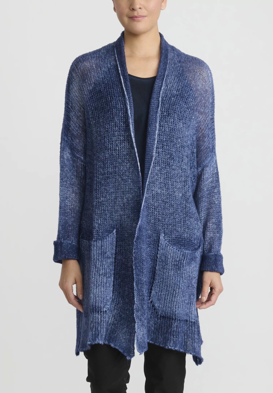 Avant Toi Knitwear | Hand-Painted Cashmere & Silk Loose Knit Cardigan In Midnight Blue