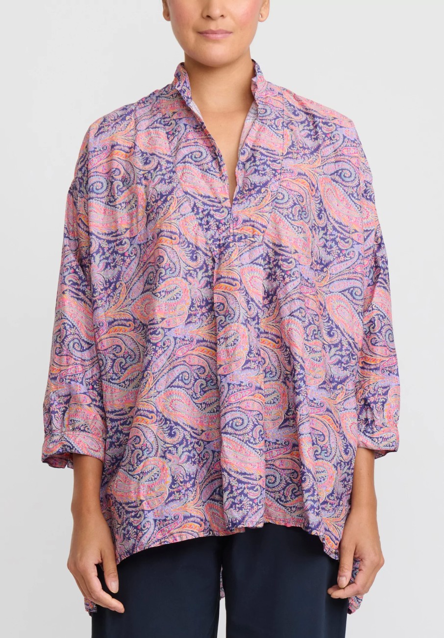 Daniela Gregis Tops | Washed Cotton Kora Top In Cachemire Blue, Orange & Violet Paisley