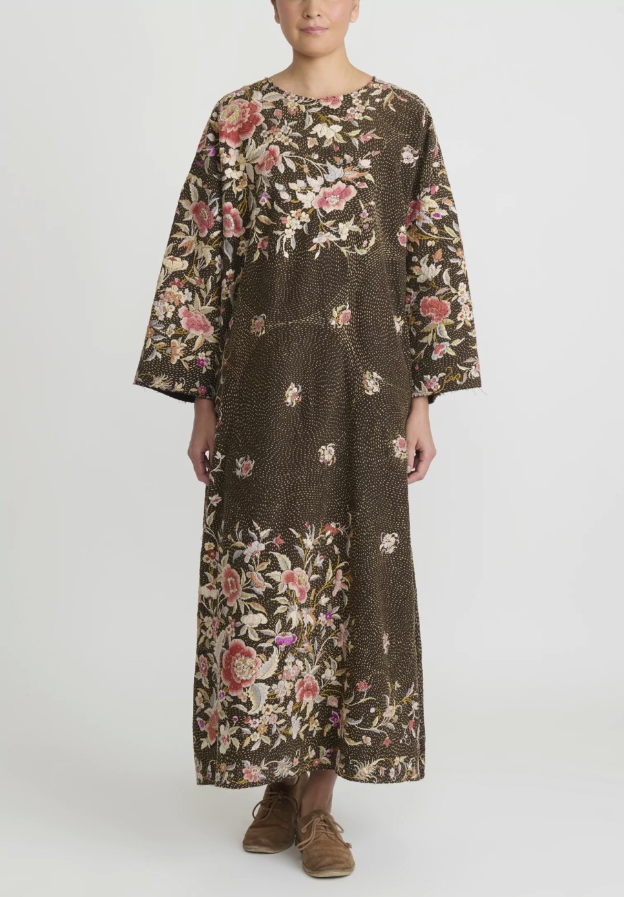 By Walid Dresses | Antique Silk Piano Shawl Oversized Dress In Brown & Pink Roses