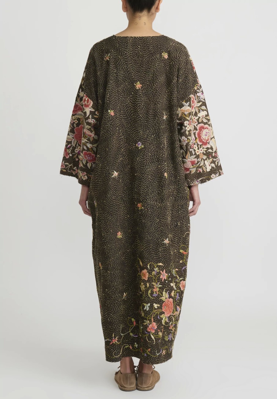 By Walid Dresses | Antique Silk Piano Shawl Oversized Dress In Brown & Pink Roses