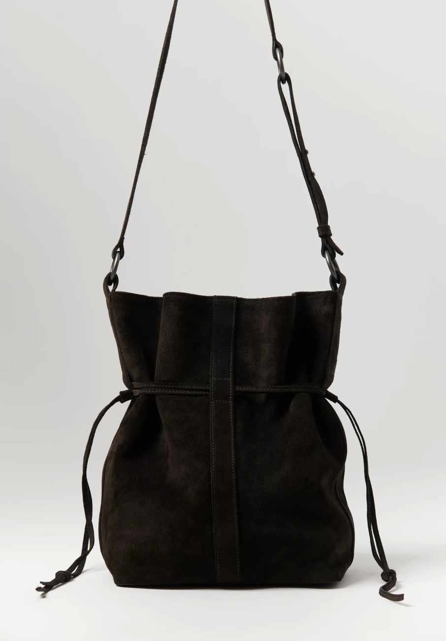 Corîu Handbags | Suede Large Crossbody Bucket Bag In Dark Brown