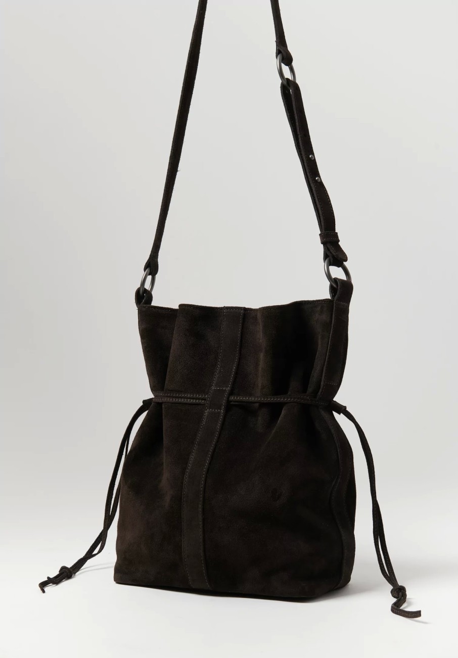 Corîu Handbags | Suede Large Crossbody Bucket Bag In Dark Brown