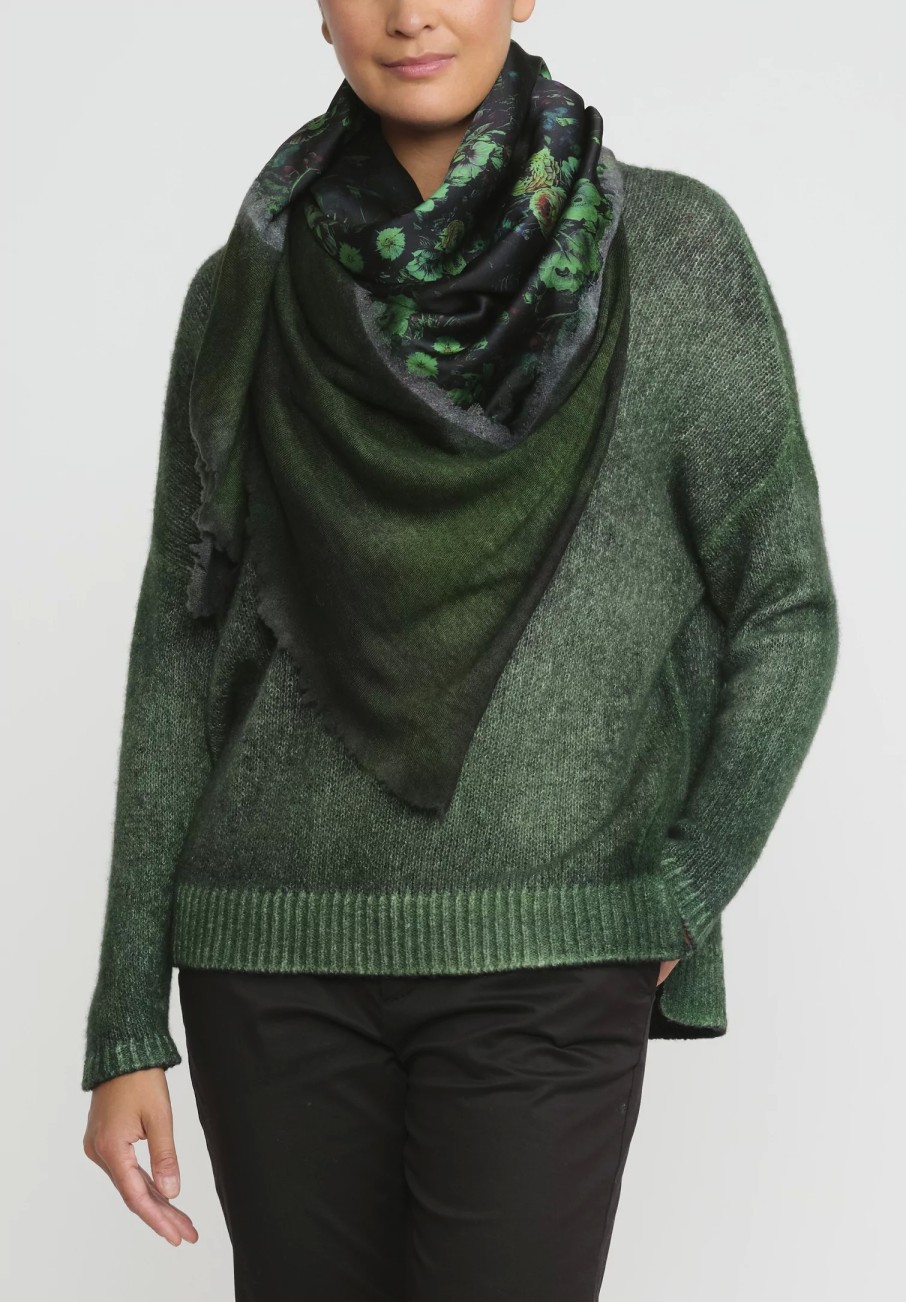 Avant Toi Scarves & Shawls | Cashmere & Silk Quadrello Dark Flowers Scarf In Nero Wild Green